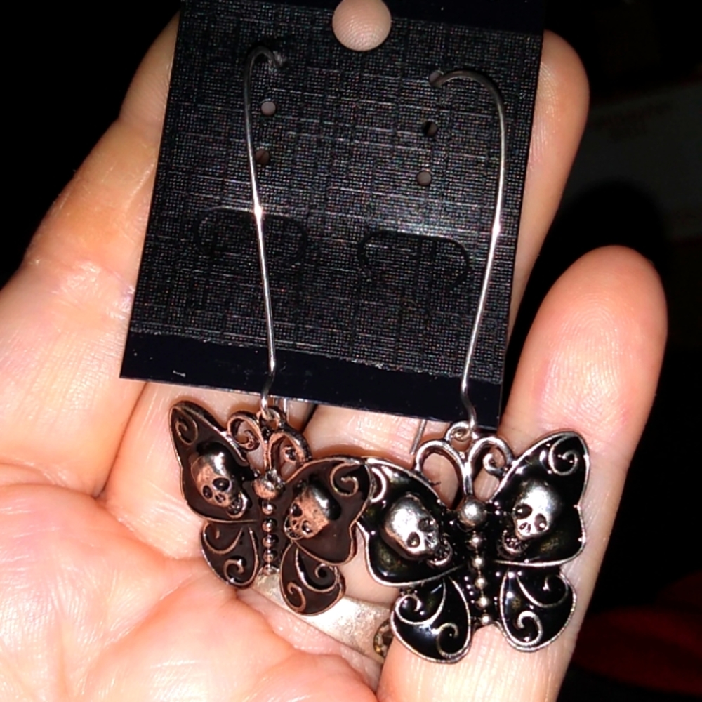 Long Wire Earrings with Skull Wings